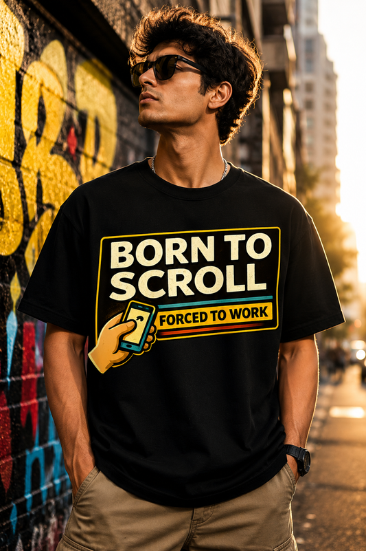 Born To Scroll, Forced To Work™ Black Graphic Tee