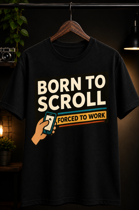 Born To Scroll, Forced To Work™ Black Graphic Tee
