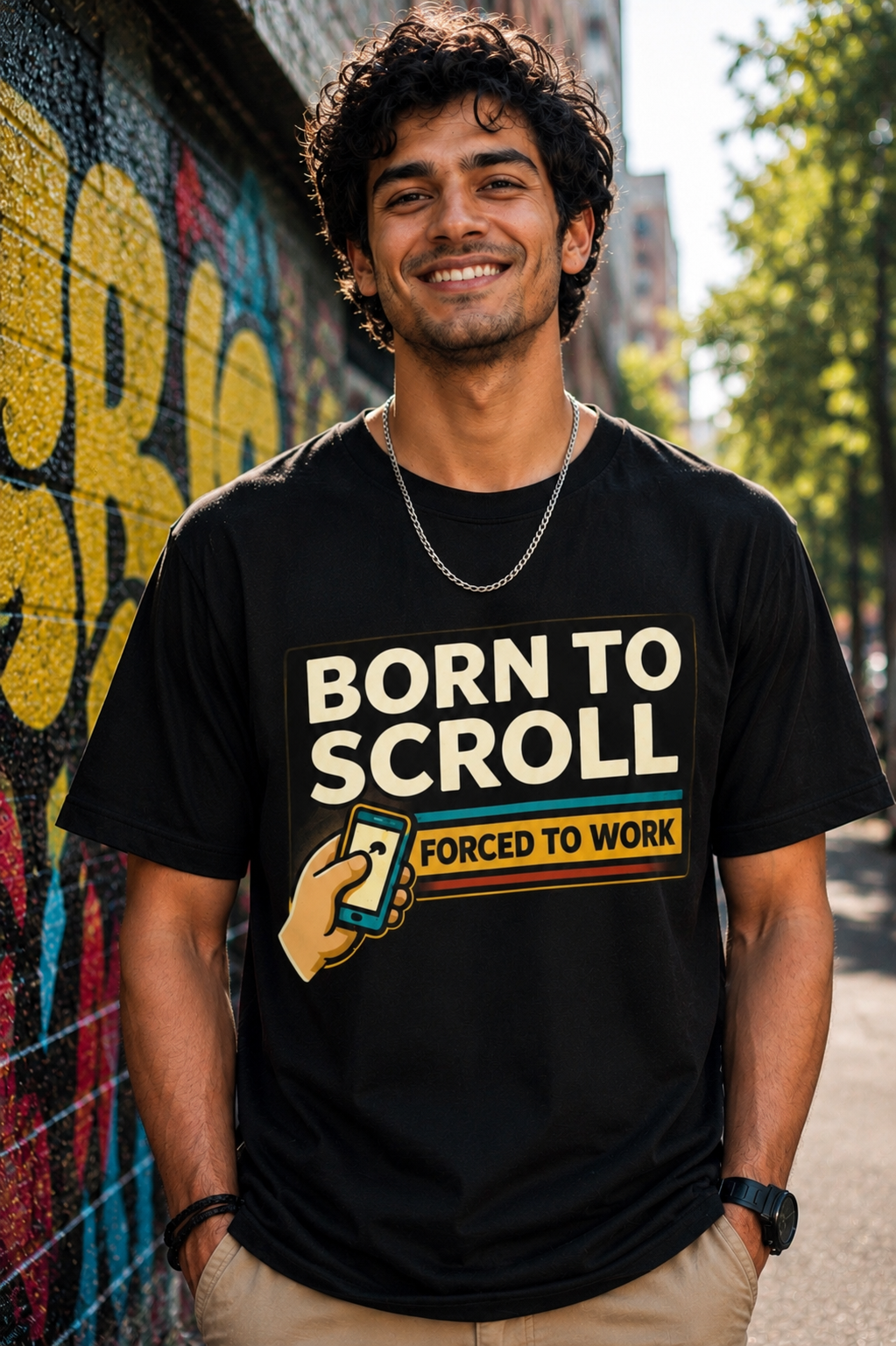 Born To Scroll, Forced To Work™ Black Graphic Tee