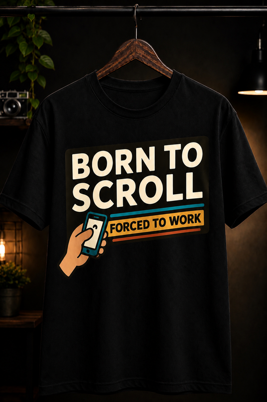 Born To Scroll, Forced To Work™ Black Graphic Tee
