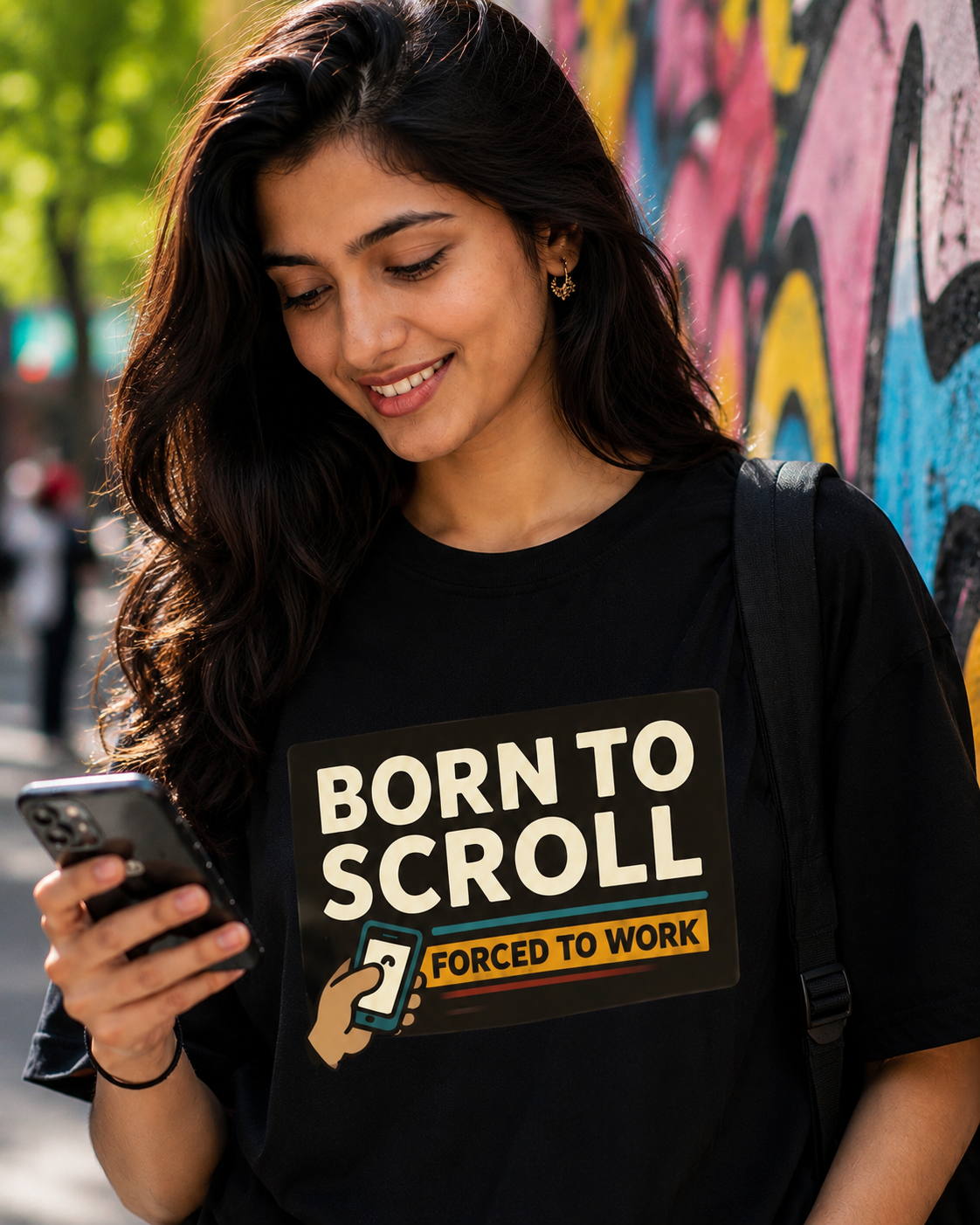 Born To Scroll, Forced To Work™ Black Graphic Tee